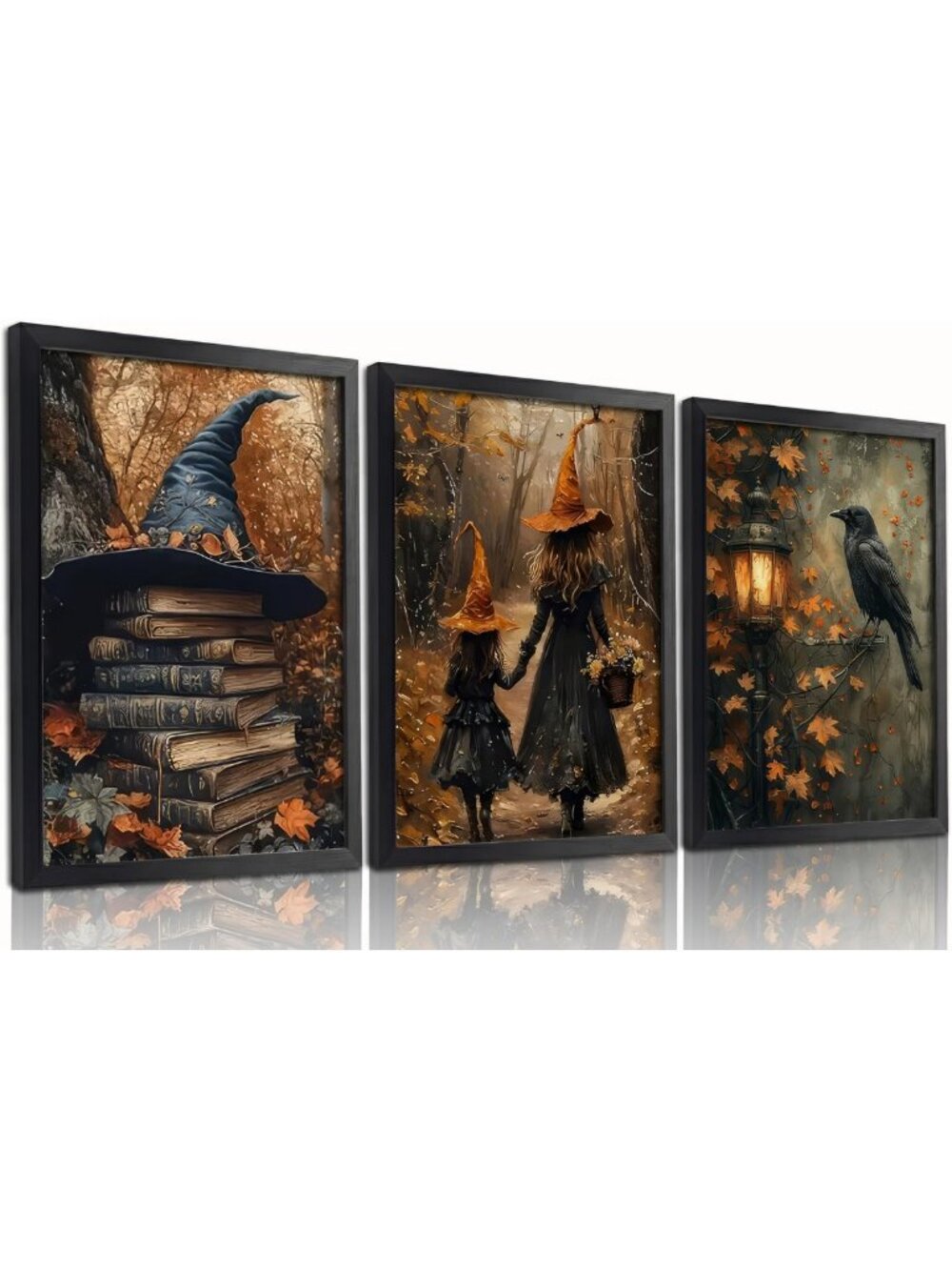 Gothic Halloween Canvas Wall Art Set - 3Pcs Black Framed Witch & Crow Decor